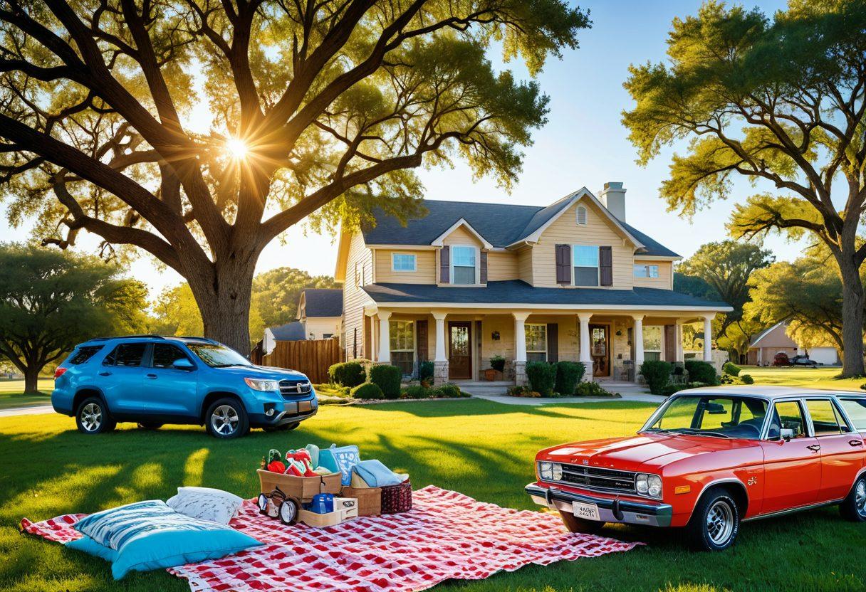A Texas landscape featuring a diverse array of insurance options: an affordable home with a 'For Sale' sign, a modern vehicle parked nearby, and a family enjoying a picnic, symbolizing life insurance. Incorporate friendly icons representing each type of insurance, with vibrant colors and clear labels for easy understanding. The warm Texas sun casts a golden glow over the scene. vector art. bright colors. landscape orientation.