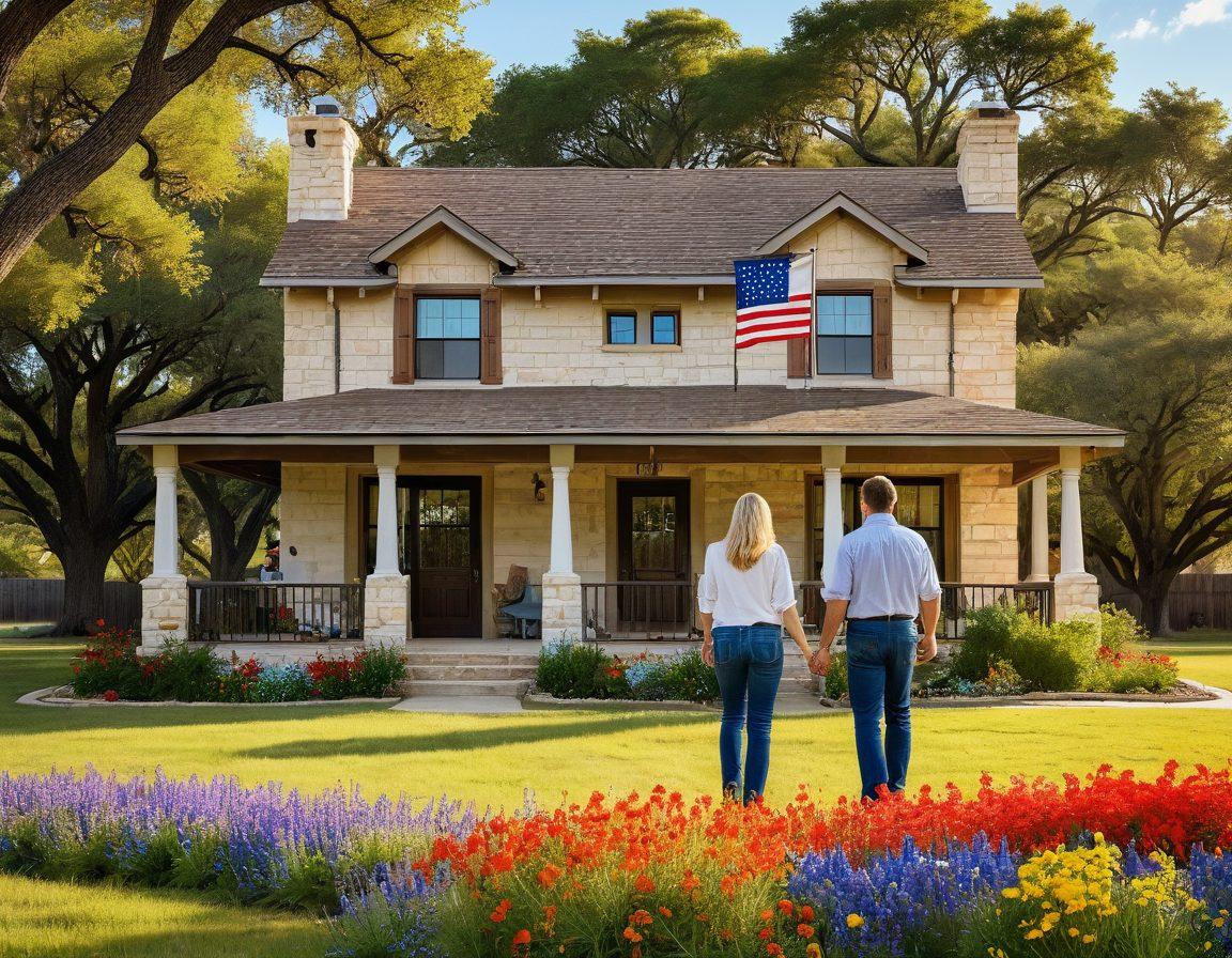 A serene Texas landscape featuring a proud family standing in front of their cozy home, symbolizing protection and security. Incorporate elements of Lone Star pride, like a Texas flag and iconic wildflowers. In the background, showcase a friendly insurance agent discussing plans with the family, emphasizing community trust. The scene should evoke warmth and reliability. super-realistic. vibrant colors. sunlit environment.