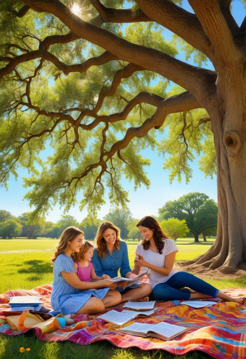 A peaceful Texas family enjoying a sunny picnic under a large oak tree, symbolizing security and happiness. Include elements like insurance documents and a calculator on the picnic blanket, with a bright blue sky and Texas wildflowers in the background to evoke a sense of hope. Capture familial love and the concept of financial protection. vibrant colors. super-realistic.